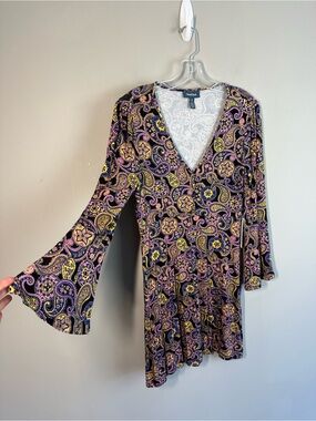NWT ModCloth Heart of the Country Black Purple Bell Sleeve Mini Dress Size M